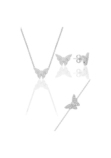 Gümüş Rodyumlu Zirkon Taşlı Kelebek Kolye Küpe Ve Bileklik Üçlü Set