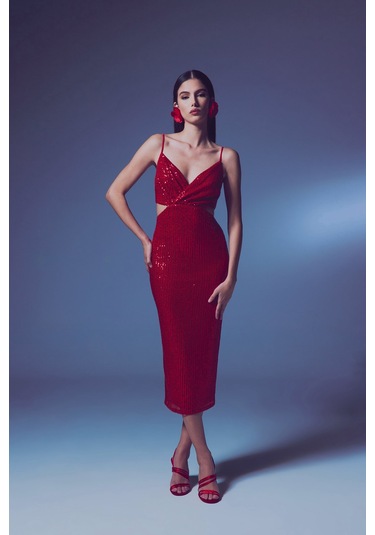 Dekolteli Payet Elbise - Kırmızı-135646 Kırmızı