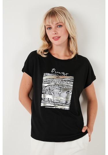 Lela Baskılı Bisiklet Yaka Regular Fit Bayan T Shirt 6671000 Siyah
