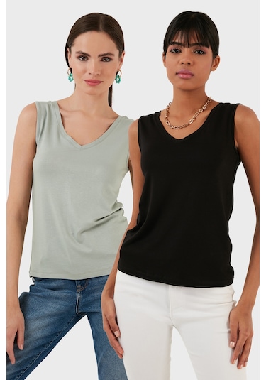 Lela Slim Fit V Yaka Kalın Askılı 2' Li Paket Bayan Bluz 5864384S2 Siyah-Çağla