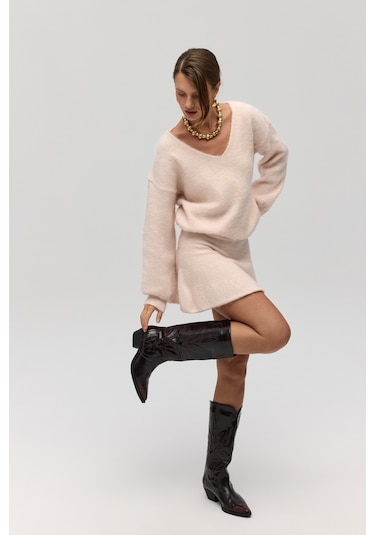 Mai Collection Mai Studios Co. Nordis Volanlı Pembe Triko Mini Etek Pembe