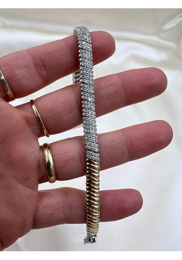 Çelik Balıksırtı Taşlı Bileklik Altın - Gümüş