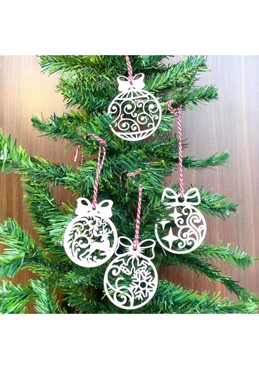 10 Parça Kırmızı Beyaz İpli Fiyonk Model Ahşap Yılbaşı Ağaç Süsü