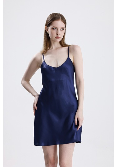 Laperissa Kadın Lacivert Dantelli Gecelik İp Askılı, Şık Ve Zarif Saten Ev Giyim Lacivert