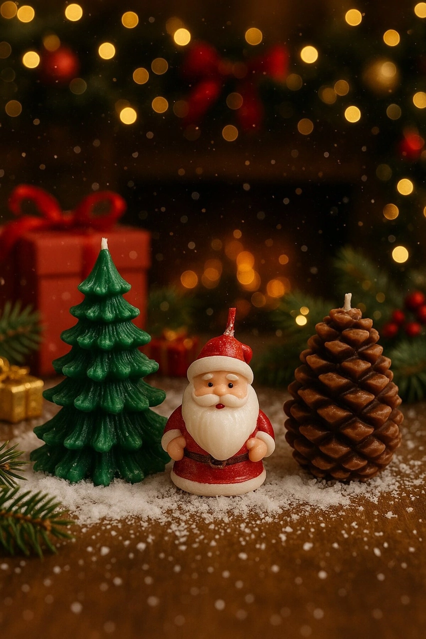 3 Lü Yılbaşı Temalı Masa Ve Ev Dekoru Noel Baba Kozalak Ve Çam Ağacı Temalı Mum Yılbaşı Hediye Seti Çok Renkli