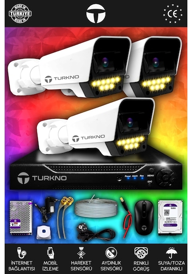 Turkno 3 Kameralı Supia 3 Dış Kamera Set 2 TB 5 MP 2K Net Renkli Gece Görüşlü Güvenlik Kamerası Sistemi