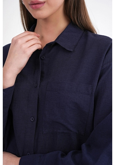 Mixray 4670 Kadın Cepli Oversize Basic Keten Gömlek Lacivert