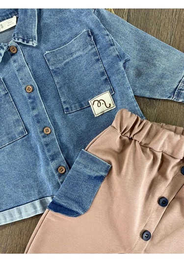 Çift Cep Kot Gömlek Düğme Detaylı Likralı Pantolon Mevsimlik Erkek Bebek Takım Kahverengi