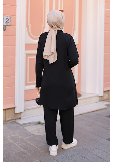 Cep Detaylı Tesettür Siyah Takım Siyah