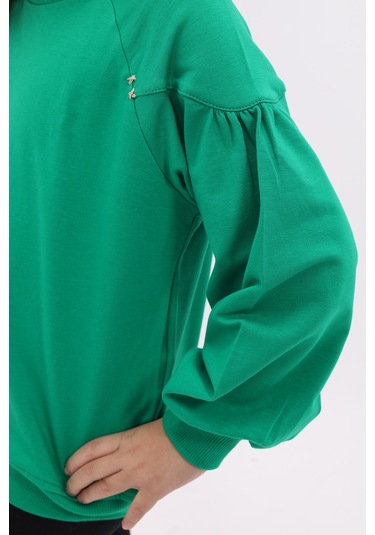 Toontoy Kız Çocuk Relax Fit Bisiklet Yaka Büzgülü Reglan Kol Sweatshirt - 2 İplik Çimen Yeşili