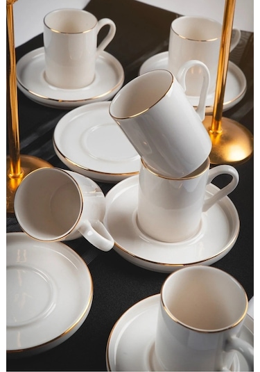 Rüya 12 Parça 6 Kişilik Altın Yaldız Porselen Kahve Takımı