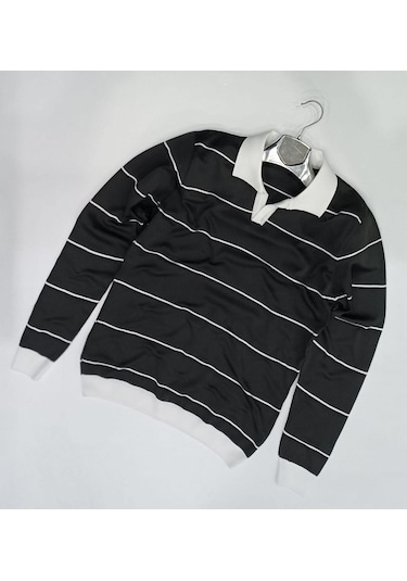 Classics Men Slim Fit Polo Yaka Uzun Kol Erkek Örme Triko Siyah