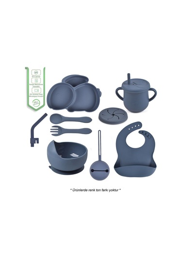 Jojobebek Silikon Beslenme Seti Vakumlu Silikon Mama Tabağı, Mama Kasesi, Önlük, Kaşık, Pipetli Bardak Lacivert