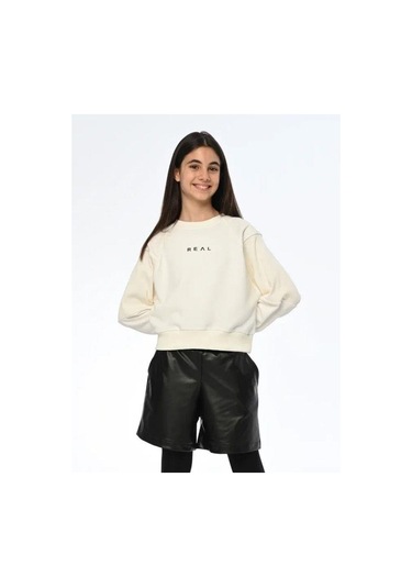 Kız Çocuk Real Yazılı Kısa Sweatshirt-13540 Ekru