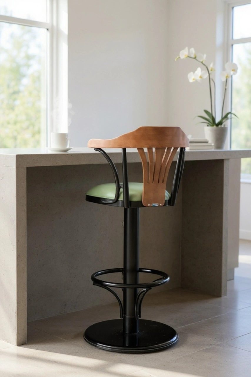 Dengema T168/75 Dönerli Bar Sandalyesi Yeşil Deri Oturum, İnegöl Ceviz Sırt 75 Cm Yükseklik Yeşil - Ceviz