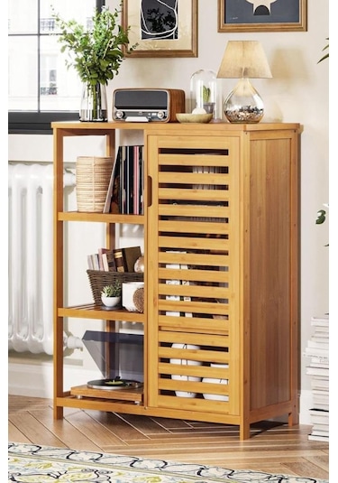 Digithome Bambu Masif 3 Raflı Tek Kapaklı Çok Amaçlı Düzenleyici Organizer Dolap Db-0005 Kahverengi