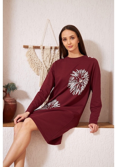 Darlin Moda Bordo Baskılı Düğme Detaylı Tunik DM60346 Bordo