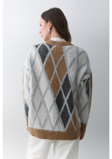 Camel Kemik Baklava Desenli Hırka - 251090 Camel