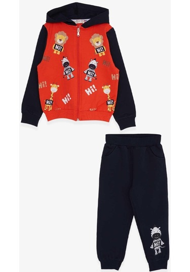 Erkek Bebek Çocuk Pamuklu Hayvanlar Alemi Baskılı Kapüşonlu Eşofman Takım-13389-turuncu Turuncu