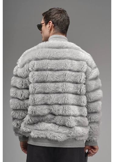 Akçaylar Oversize Fermuar Kapamalı Dik Yaka Astarsız Peluş Ceket Gri