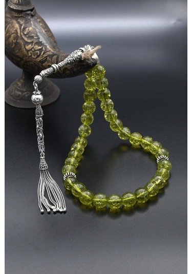33'lük Doğal Peridot Taşlı Tesbih 925 Ayar Gümüş Püsküllü 10mm Küre Kesim