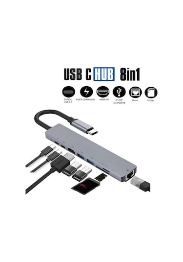 8 in 1 Ethernet SD - USB Type-C - Hub - HDMI Girişli Apple Uyumlu MacBook Çevirici