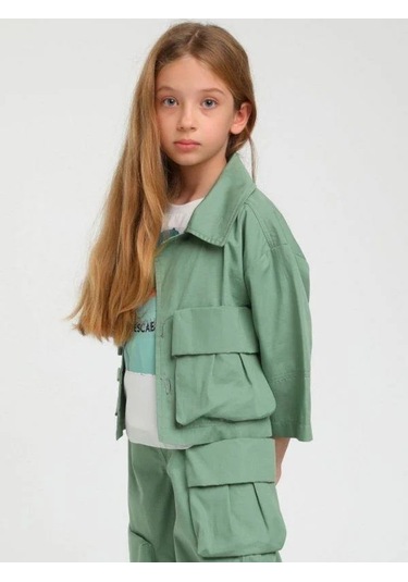 Kız Çocuk Erkek Yaka Cepli İki Düğmeli Ceket-15124 Yeşil