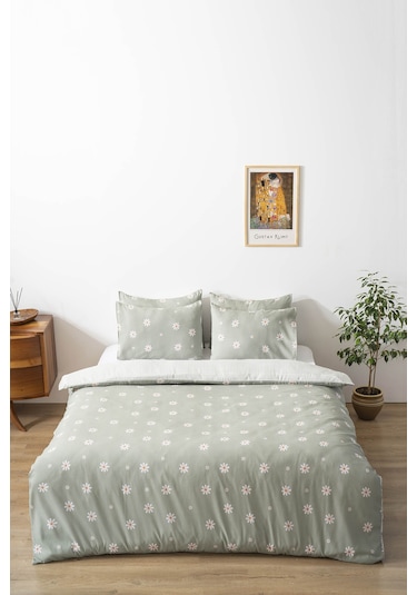 Rivaİstanbul Minimal Yeşil Papatya Çift Kişilik Nevresim Takımı Pamuklu Yeşil