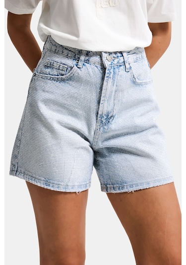 Itsbasic Kadın Ice T1-4s6-3 Mom Fit Parlak Taşlı Yıldız Baskılı Özel Tasarım Denim Şort Ice Rengi