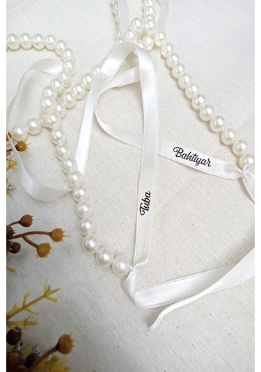 Kişiye Özel Yazılı Beyaz Kurdeleli Krem İncili Söz & Nişan Kurdel