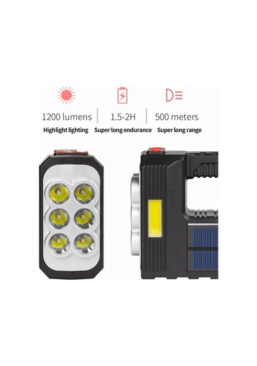 Ebitda 6-lambalı Güneş Enerjili El Feneri - Siyah W5116-1 Güçlü Işık, Dış Mekan Uygun, Usb Şarj, Yüksek Su Geçirmez Siyah