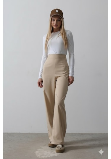 Amorluxe Beli Yarım Lastikli Palazzo Pantolon - Camel
