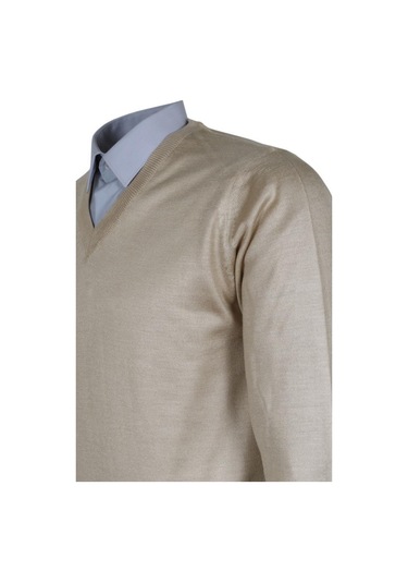 Erkek Yünlü Kazak V Yaka Normal Klasik Kesim Krem Renk Rar00815