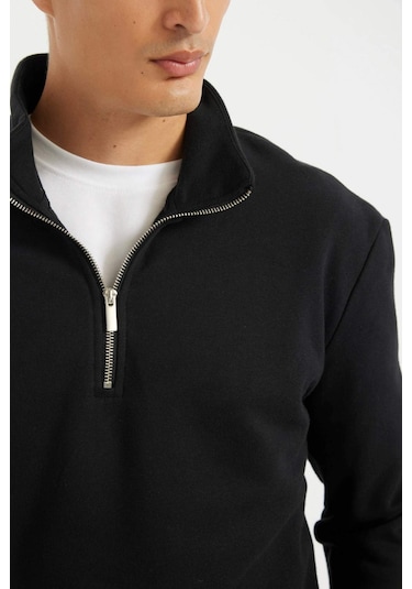 DeFacto Comfort Regular Fit Rahat Kalıp Fermuarlı Dik Yaka Basic Düz Sweatshirt X7405AZ24AUBK81