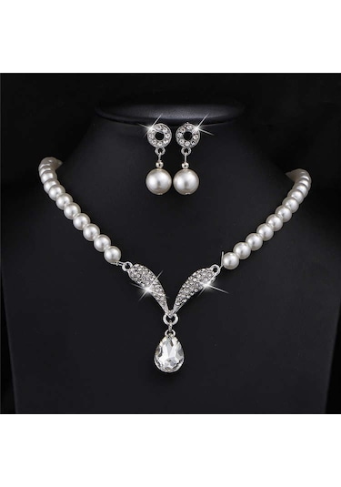 Taşlı İnci Takı Seti Kolye, Bileklik, Küpe 18 Gp Sevgililer Günü