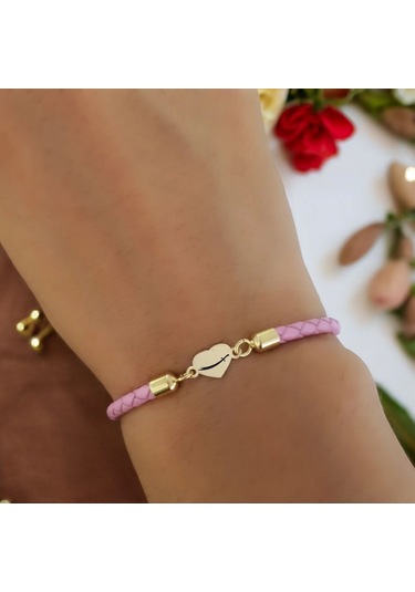 Archin Zülfikar Temalı Kalp Figürlü 14 Ayar Altın Plakalı Pembe Derili Hediye Bileklik-473sembol Zülfikar