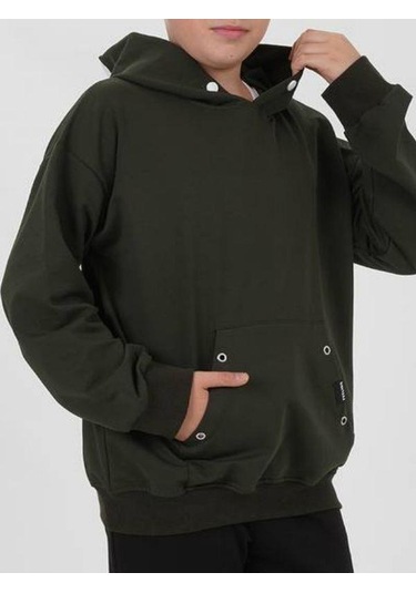 Çocuk Çıtçıt Detaylı Kapüşonlu Pamuklu Sweatshirt-14837 Haki