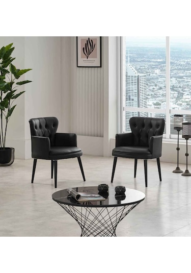 Garden House Siyah Deri Ahşap Ayaklı Kollu Ofis Koltuk Takımı Misafir Koltuğu Ofis Takımı Berjer Bekleme Koltuğu Siyah