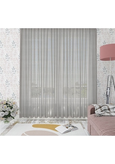 Keten Görünümlü Düz Tül Perde Pilesiz Gri-681 - Gri