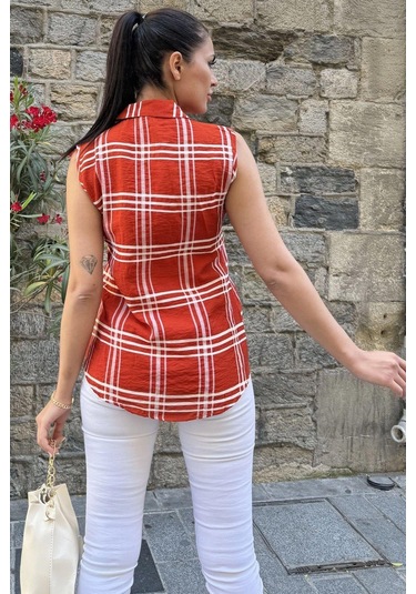 Kadın Kırmızı Ekose Desen, Dokulu Bodrum Kumaş, Kolsuz Rahat Gömlek Kırmızı