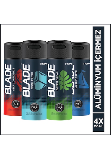Blade Cool Fresh + Green + Marine + Self Erkek Sprey Deodorant 4 x 150 ML