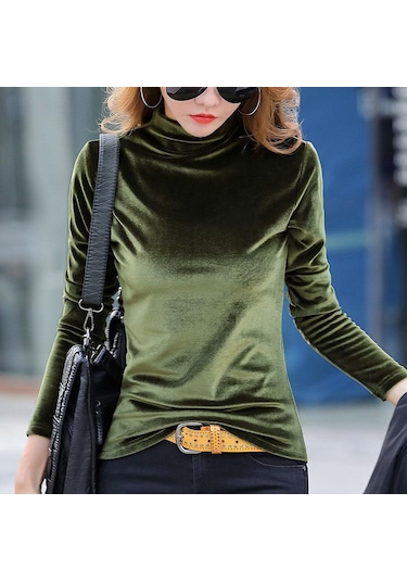 Askeri Yeşil Kış Sıcak Balıkçı Yaka Uzun Kollu Kadife Gömlek Yüksek Yaka İnce Zarif Lüks Kadife Bluz Bahar Üstleri Haki