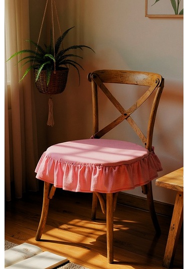 El Yapımı Yuvarlak Buldan Yıkanmıs Keten Fırfırlı Sandalye Minderi Pembe Pembe