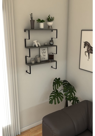 Metal Ayaklı Duvar Rafı, 3 Katlı Duvar Rafı, Kitaplık, Saksılık, Banyo, Mutfak, Salon, 60 70 15 Cm Antrasit