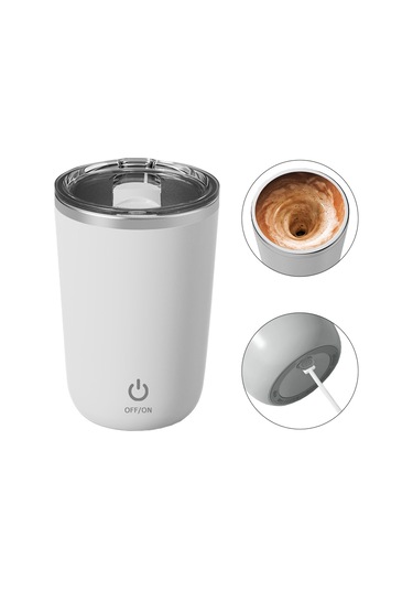 Mufunye Otomatik Karıştırmalı 350ml Şarjlı Paslanmaz Çelik Termos - Ofis/spor Salonu İçin Beyaz