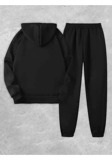 Unisex Siyah İmpossible Baskılı Eşofman Kapüşon- Kışlık Şardonlu Kumaş Siyah