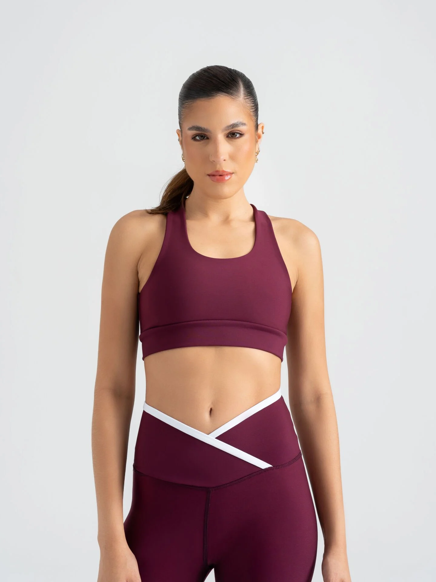 Çapraz Beli Beyaz Biye Detaylı Spor Tayt Mürdüm