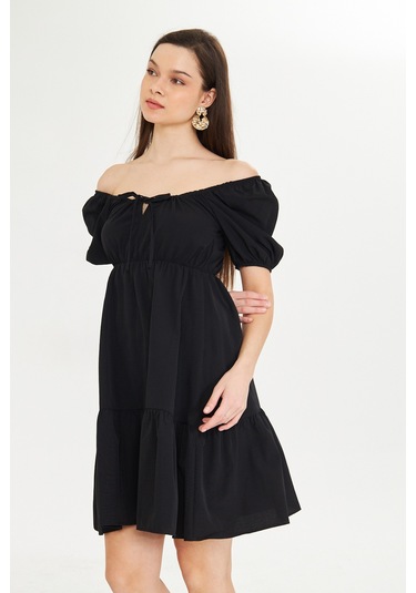 Beli Lastikli Buzgulu Poplin Elbise Siyah