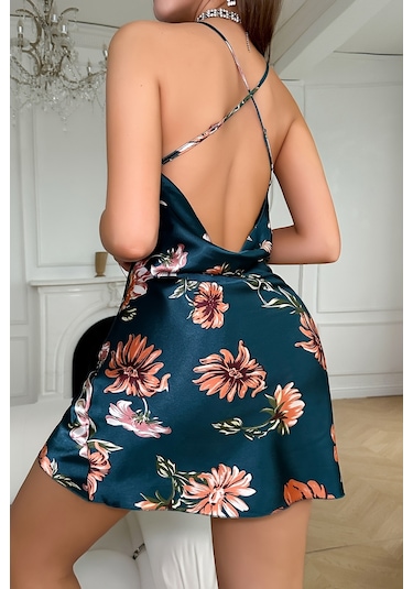 Merry See Baskılı Degaje Yakalı Saten Gecelik Elbise Çok Renkli