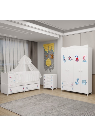 Melina Yıldız 4 Kapaklı Bebek Odası + Yatak + Uyku Seti - Denizci Beyaz